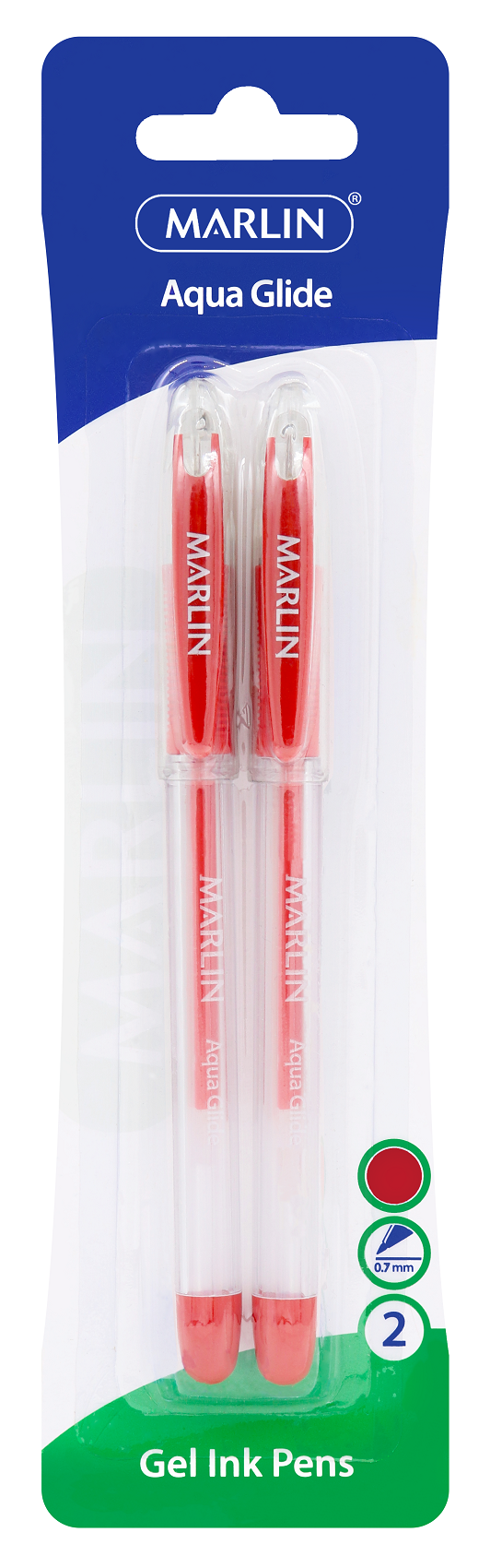 Marlin Aqua Glide 0.7mm Gel Ink Pens - Red (Blister of 2)