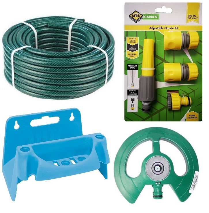 30m Hose Pipe Set with Fittings, Pyramid Sprinkler & Reel